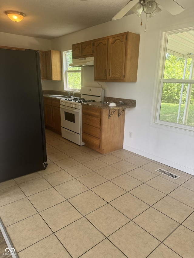 1831 N Main St, Franklin, IN 46131 - kitchen featuring freestanding refrigerator, white gas stove, under cabinet range hood, ceiling fan, and light tile patterned floors