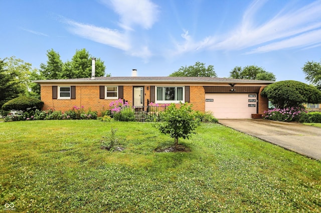 5560 Royal Oak Ct, Indianapolis, IN 46227 - ranch-style house with brick siding, a garage, driveway, a front lawn, and a chimney