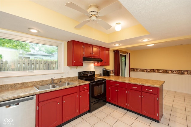 5038 Hawthorne Way, Avon, IN 46123 - kitchen featuring black electric range, dishwasher, under cabinet range hood, a peninsula, and wainscoting