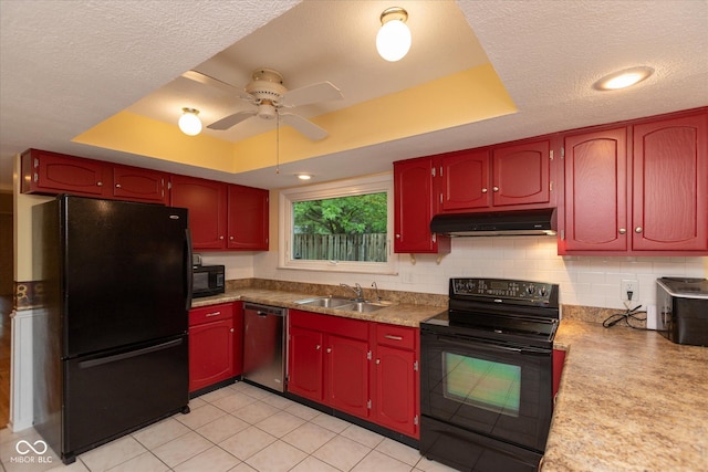 5038 Hawthorne Way, Avon, IN 46123 - kitchen with black appliances, under cabinet range hood, a raised ceiling, ceiling fan, and backsplash