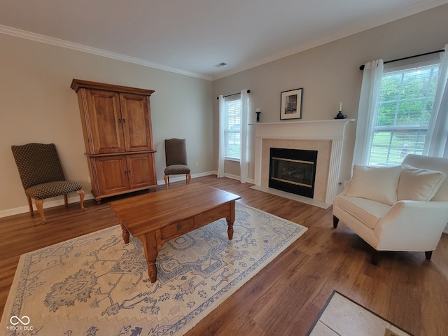 1096 Shadow Ridge Rd, Carmel, IN 46280 - living room featuring healthy amount of natural light, light wood finished floors, crown molding, and a fireplace with flush hearth