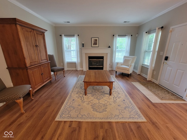 1096 Shadow Ridge Rd, Carmel, IN 46280 - living room with wood finished floors, plenty of natural light, a fireplace, and ornamental molding
