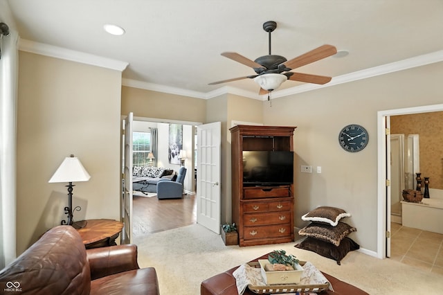 13534 E 131st St, Fishers, IN 46037 - living room with crown molding, carpet flooring, and ceiling fan