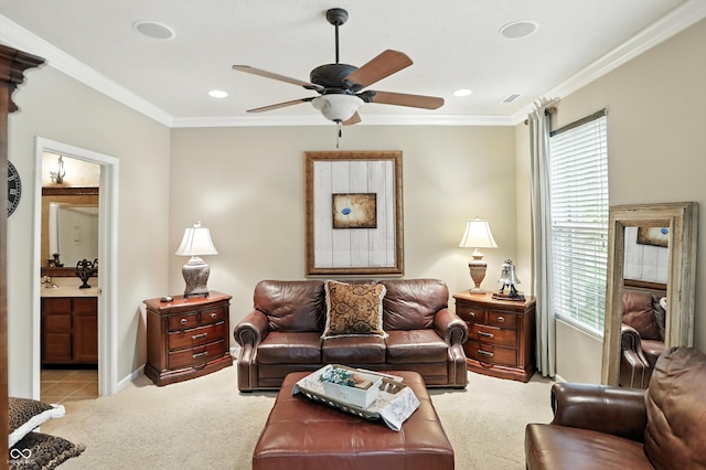 13534 E 131st St, Fishers, IN 46037 - living room with light colored carpet, plenty of natural light, a ceiling fan, ornamental molding, and recessed lighting