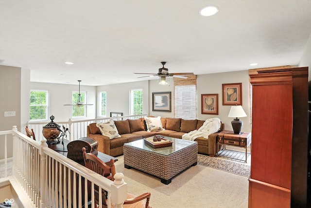 13534 E 131st St, Fishers, IN 46037 - living area featuring healthy amount of natural light, a ceiling fan, recessed lighting, and carpet floors