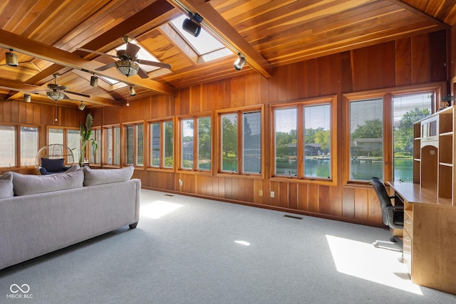 3905 Cove Rd, Columbus, IN 47203 - sunroom with a skylight, wooden ceiling, wood walls, rail lighting, and carpet