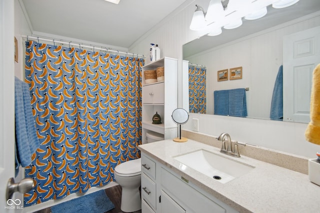 897 Wildwood Rd, North Vernon, IN 47265 - full bathroom featuring vanity, ornamental molding, and a shower with curtain