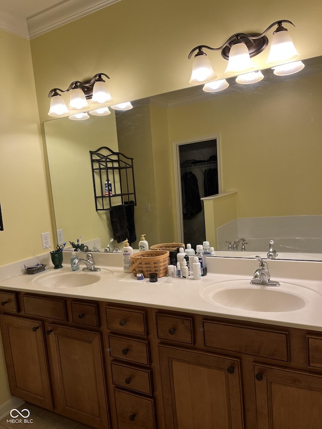 3547 Heathcliff Ct, Westfield, IN 46074 - bathroom with ornamental molding and double vanity