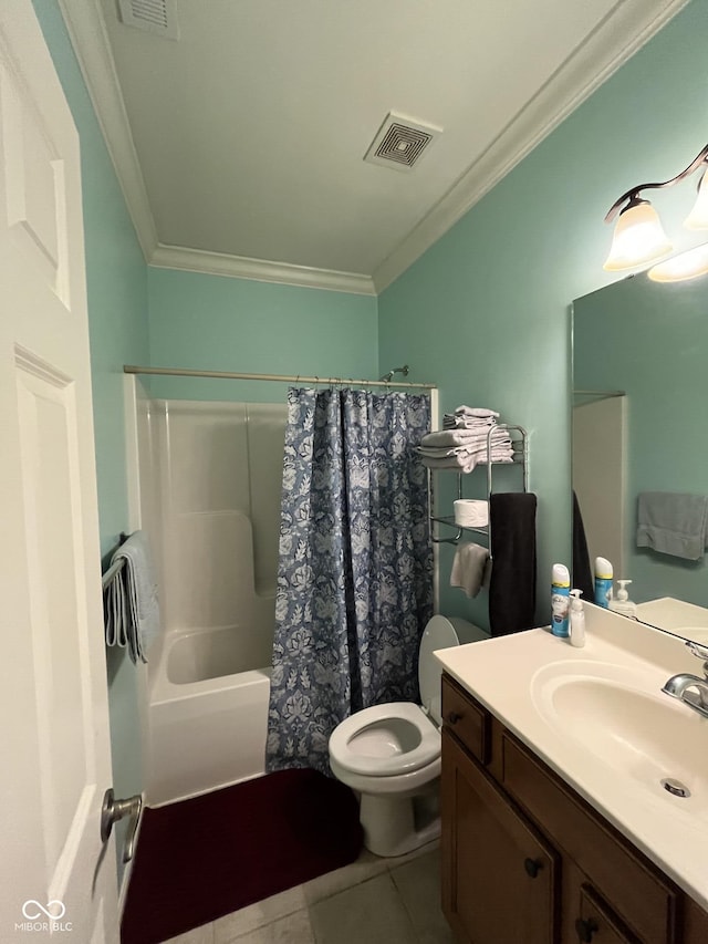 3547 Heathcliff Ct, Westfield, IN 46074 - bathroom featuring crown molding, vanity, tile patterned floors, and shower / bath combo with shower curtain