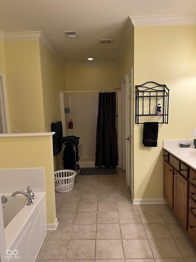 3547 Heathcliff Ct, Westfield, IN 46074 - full bath with vanity, a bath, a shower with shower curtain, and ornamental molding