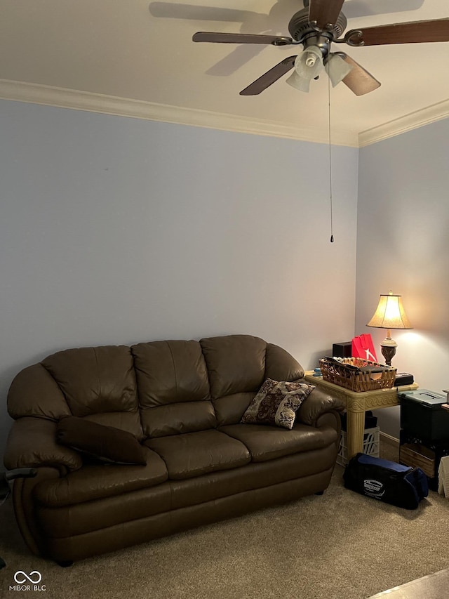 3547 Heathcliff Ct, Westfield, IN 46074 - carpeted living room with crown molding and a ceiling fan