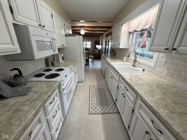 56 E Colony Acres Dr, Brazil, IN 47834 - kitchen featuring white appliances, white cabinetry, a ceiling fan, decorative backsplash, and beamed ceiling