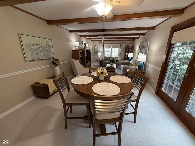 56 E Colony Acres Dr, Brazil, IN 47834 - dining room featuring plenty of natural light, ceiling fan, beamed ceiling, and light tile patterned floors
