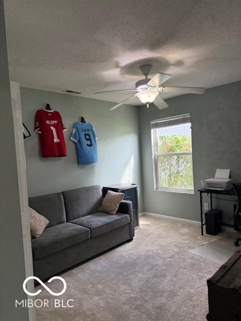 5714 High Timber Ln, Indianapolis, IN 46235 - carpeted living area with a textured ceiling and ceiling fan