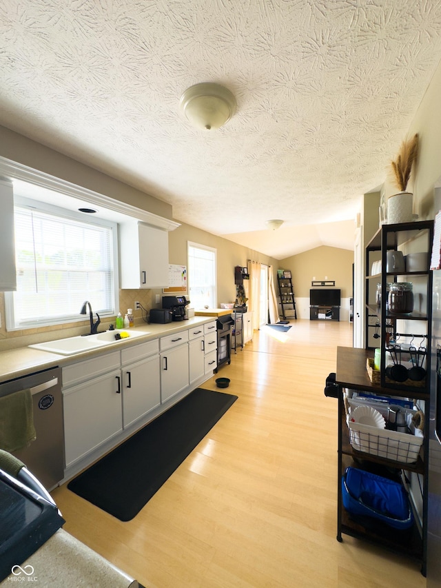 8017 Cardinal Cv W, Indianapolis, IN 46256 - kitchen featuring dishwasher, light wood finished floors, a textured ceiling, light countertops, and white cabinets