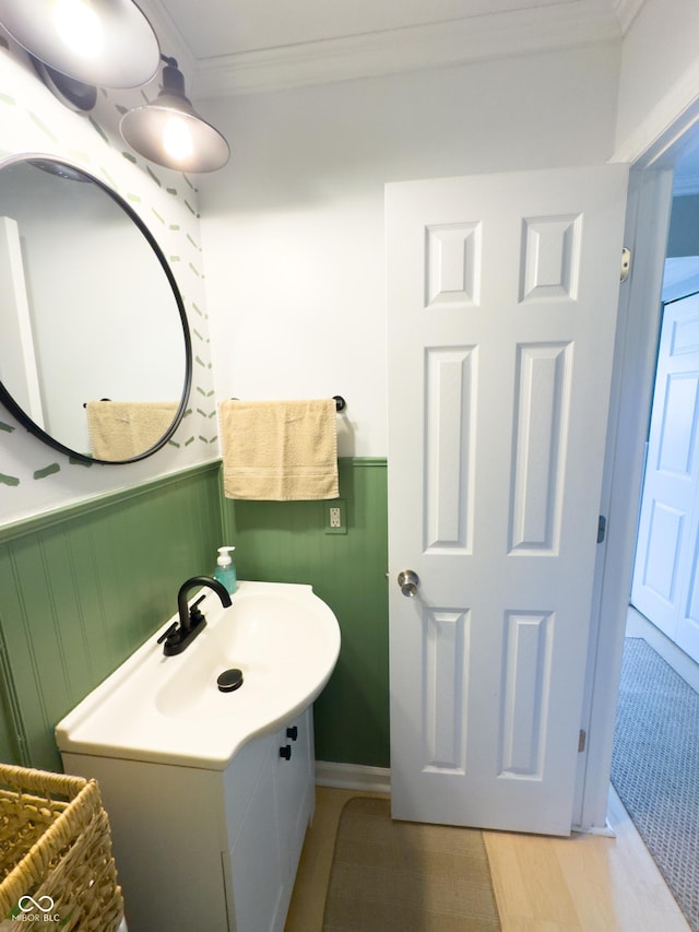 8017 Cardinal Cv W, Indianapolis, IN 46256 - bathroom featuring ornamental molding, wainscoting, vanity, and wood finished floors