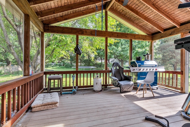 10249 Winlee Ct, Indianapolis, IN 46236 - wooden deck with a trampoline, a grill, a yard, and view of wooded area