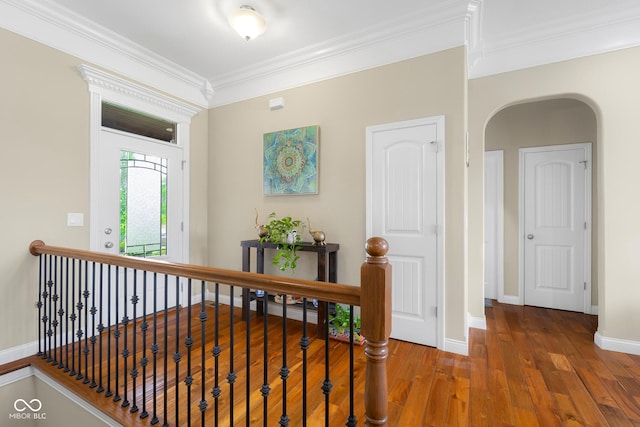 2533 Violet Way, Columbus, IN 47201 - hallway with crown molding, wood finished floors, and arched walkways