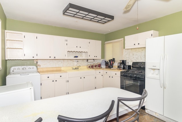1003 N Broadway St, Greenfield, IN 46140 - kitchen featuring white refrigerator with ice dispenser, black gas range, decorative backsplash, and light countertops