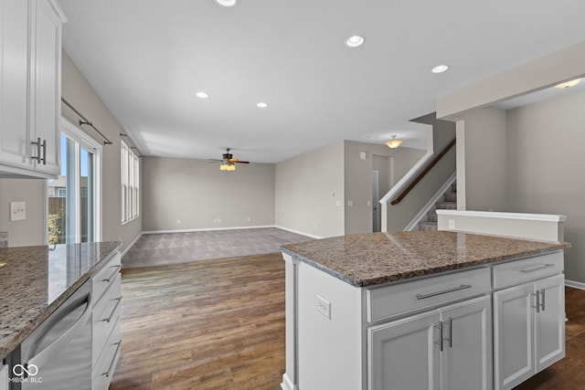 5398 Marigold Dr, Plainfield, IN 46168 - kitchen featuring stainless steel dishwasher, a ceiling fan, recessed lighting, wood finished floors, and a kitchen island