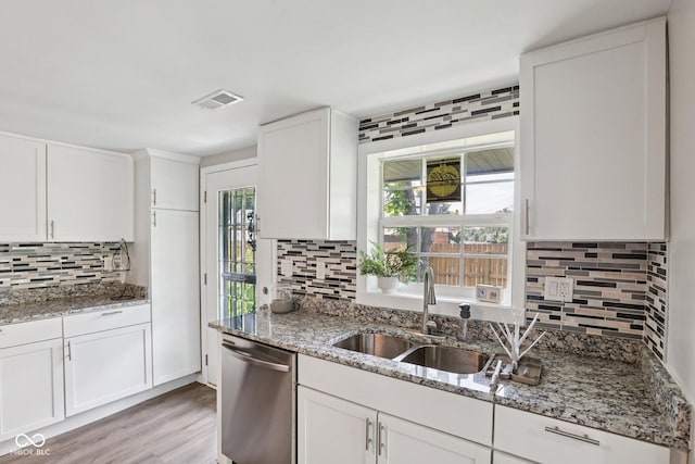 6233 Lafayette Rd, Indianapolis, IN 46278 - kitchen with stainless steel dishwasher, tasteful backsplash, and white cabinets