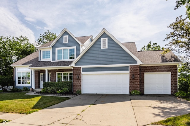 12861 Clifford Cir, Carmel, IN 46032 - traditional home with brick siding, an attached garage, driveway, a front yard, and roof with shingles