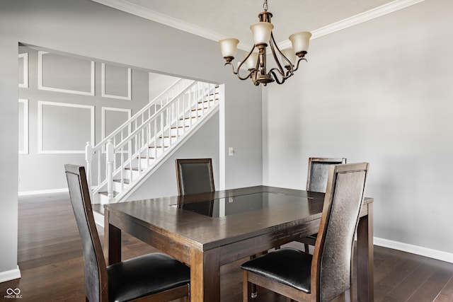 12861 Clifford Cir, Carmel, IN 46032 - dining area featuring crown molding, a chandelier, stairs, and dark wood-type flooring