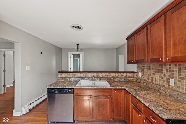 120 W N St, Tipton, IN 46072 - kitchen featuring stainless steel dishwasher, a baseboard radiator, a peninsula, and decorative backsplash