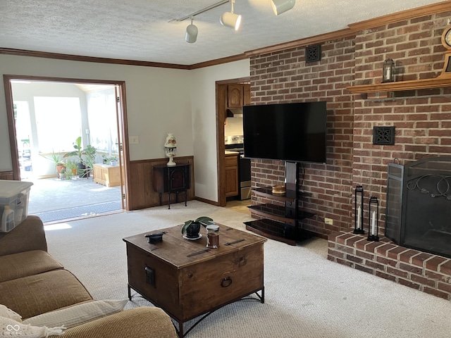 19938 State Road 37 N, Noblesville, IN 46060 - living area featuring light carpet, a textured ceiling, wainscoting, crown molding, and a fireplace