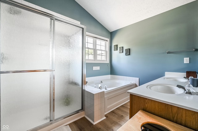 7611 Prairie Fire Ct, Brownsburg, IN 46112 - full bath featuring lofted ceiling, wood finished floors, a shower stall, a garden tub, and double vanity