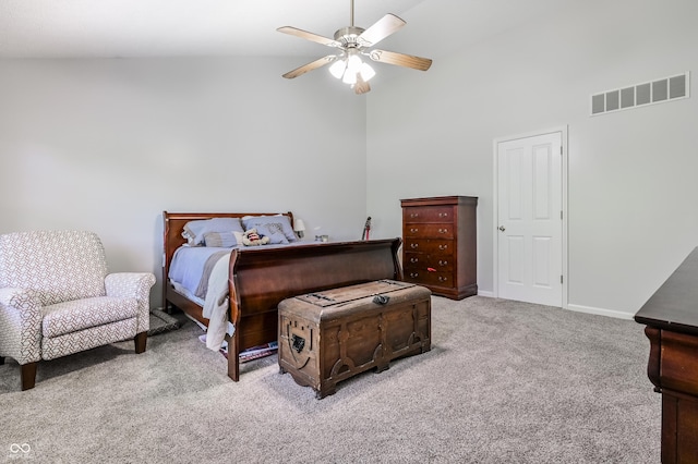 7611 Prairie Fire Ct, Brownsburg, IN 46112 - carpeted bedroom featuring high vaulted ceiling and a ceiling fan