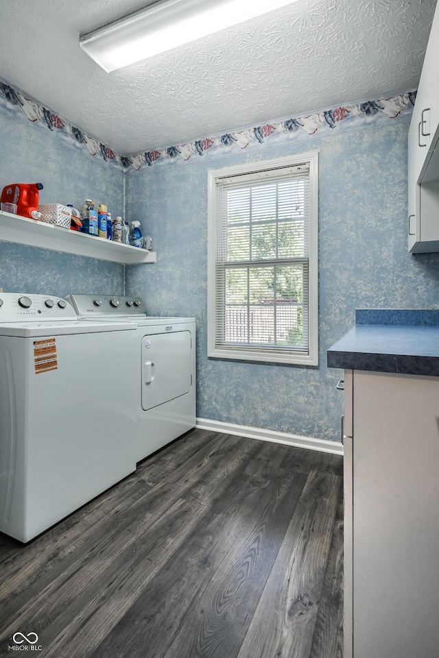 7611 Prairie Fire Ct, Brownsburg, IN 46112 - laundry room featuring independent washer and dryer, dark wood-style floors, a textured ceiling, and cabinet space