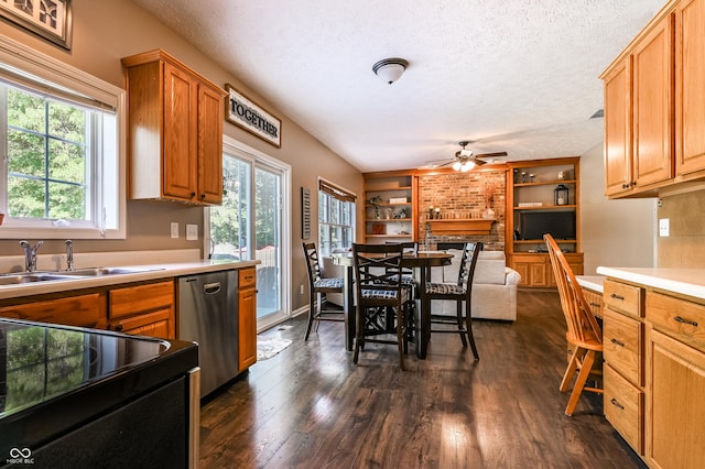 7611 Prairie Fire Ct, Brownsburg, IN 46112 - kitchen featuring dishwasher, black / electric stove, a ceiling fan, a fireplace, and dark wood finished floors