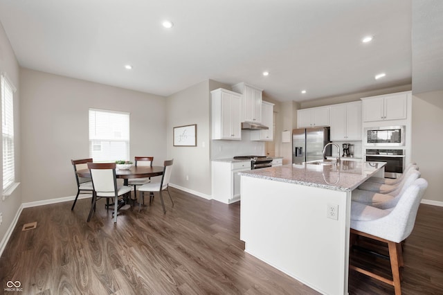12888 Girvan Way, Fishers, IN 46037 - kitchen featuring stainless steel appliances, healthy amount of natural light, dark wood-style flooring, white cabinetry, and recessed lighting