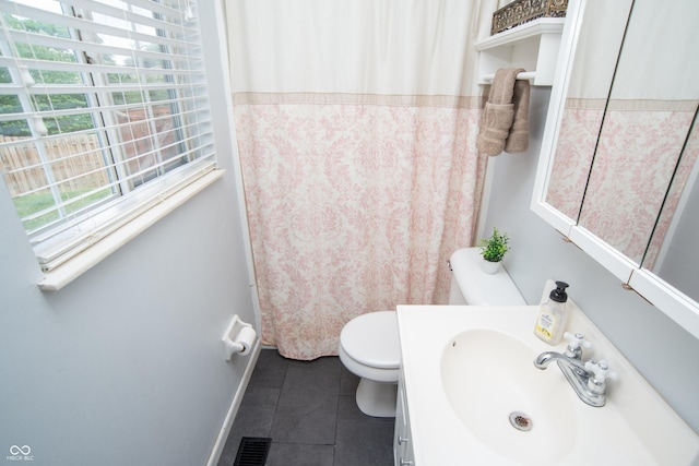 6118 Thrushwood Cir, Indianapolis, IN 46250 - bathroom featuring vanity, tile patterned floors, and a shower with curtain