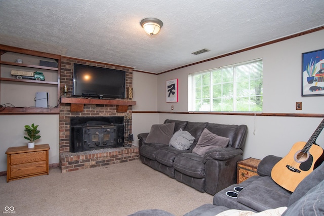 6118 Thrushwood Cir, Indianapolis, IN 46250 - living room with carpet, ornamental molding, a fireplace, and a textured ceiling