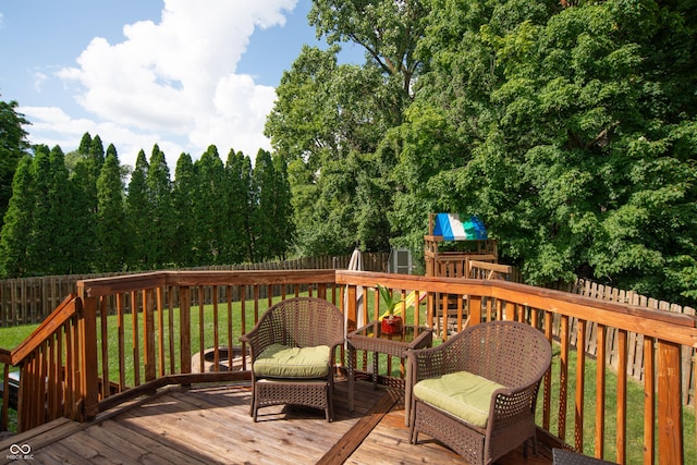 6118 Thrushwood Cir, Indianapolis, IN 46250 - wooden deck with a playground and a fenced backyard