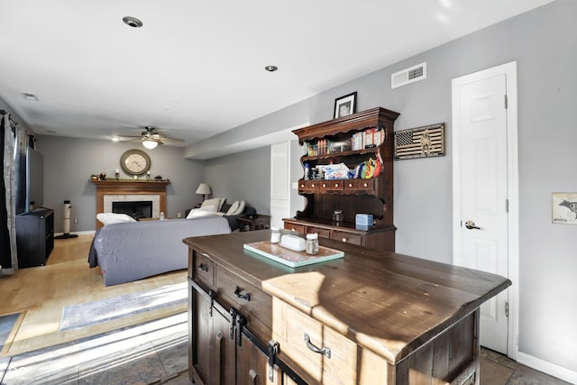 8321 Giroud Way, Indianapolis, IN 46259 - kitchen with a ceiling fan, a fireplace, and dark countertops