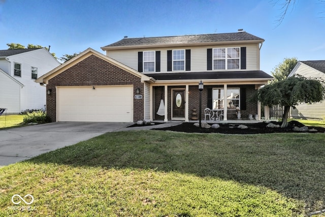8321 Giroud Way, Indianapolis, IN 46259 - traditional-style home featuring a porch, brick siding, a garage, concrete driveway, and a front lawn