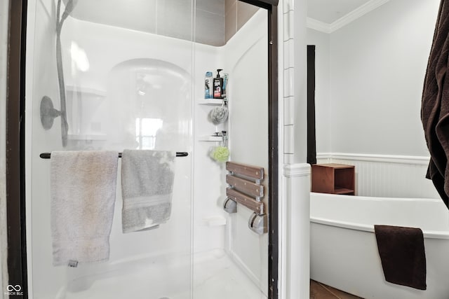 8321 Giroud Way, Indianapolis, IN 46259 - bathroom with ornamental molding, a shower stall, a soaking tub, and wainscoting