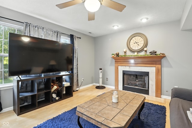 8321 Giroud Way, Indianapolis, IN 46259 - living area featuring a tile fireplace, plenty of natural light, wood finished floors, and a ceiling fan