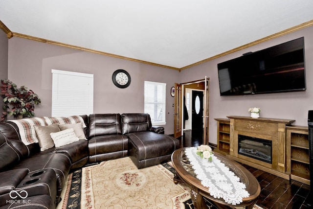 1093 Springwater Dr, Greenwood, IN 46143 - living room featuring dark wood finished floors and crown molding