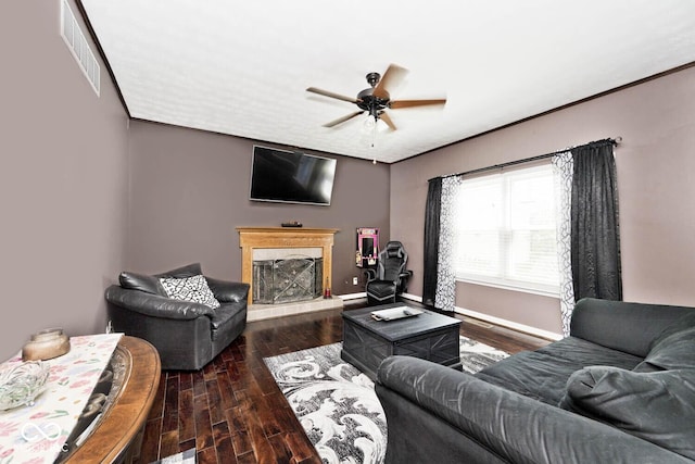 1093 Springwater Dr, Greenwood, IN 46143 - living room featuring a ceiling fan, a high end fireplace, wood finished floors, and crown molding