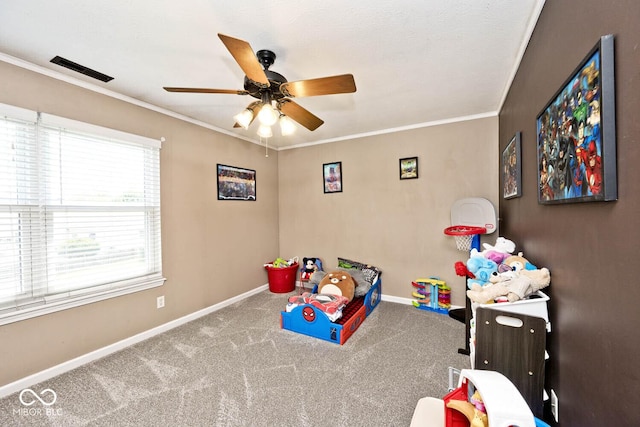 1093 Springwater Dr, Greenwood, IN 46143 - recreation room featuring carpet flooring, a ceiling fan, and ornamental molding