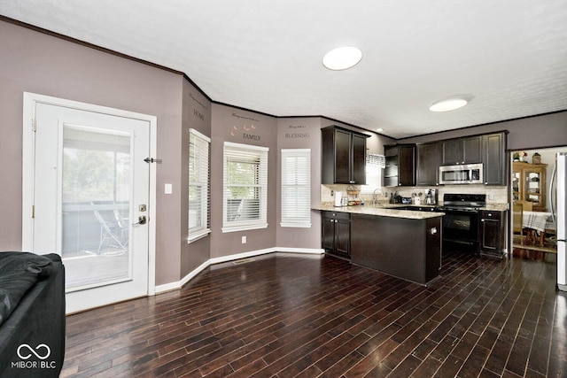 1093 Springwater Dr, Greenwood, IN 46143 - kitchen featuring stainless steel appliances, light countertops, dark brown cabinetry, a peninsula, and healthy amount of natural light