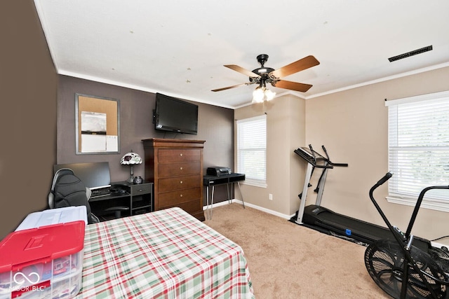 1093 Springwater Dr, Greenwood, IN 46143 - carpeted bedroom with multiple windows, crown molding, and a ceiling fan