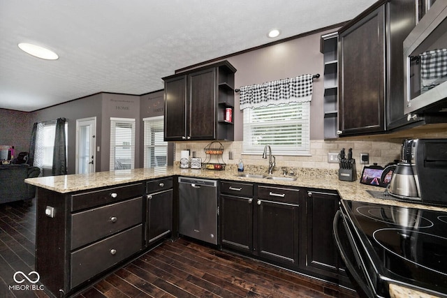 1093 Springwater Dr, Greenwood, IN 46143 - kitchen featuring stainless steel appliances, open shelves, a peninsula, dark wood finished floors, and backsplash