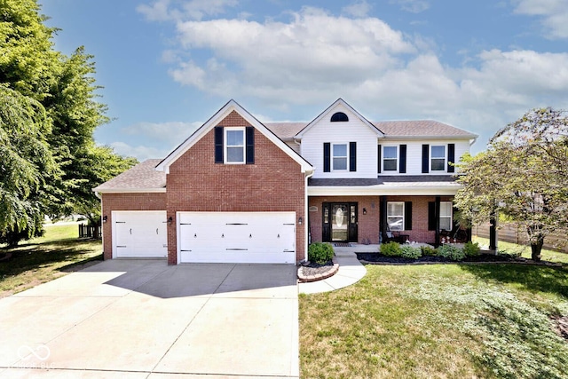 1093 Springwater Dr, Greenwood, IN 46143 - traditional home featuring driveway, brick siding, a front lawn, covered porch, and an attached garage