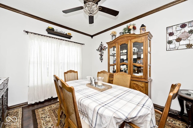 1093 Springwater Dr, Greenwood, IN 46143 - dining space with crown molding, a ceiling fan, and dark wood-style floors