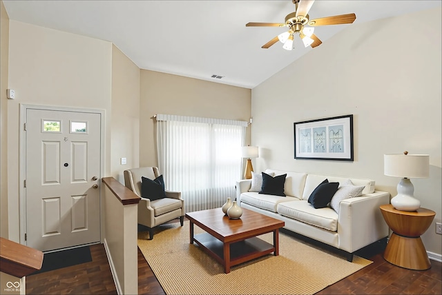 12316 Winding Creek Cir, Indianapolis, IN 46236 - living area with vaulted ceiling, dark wood-style flooring, and a ceiling fan